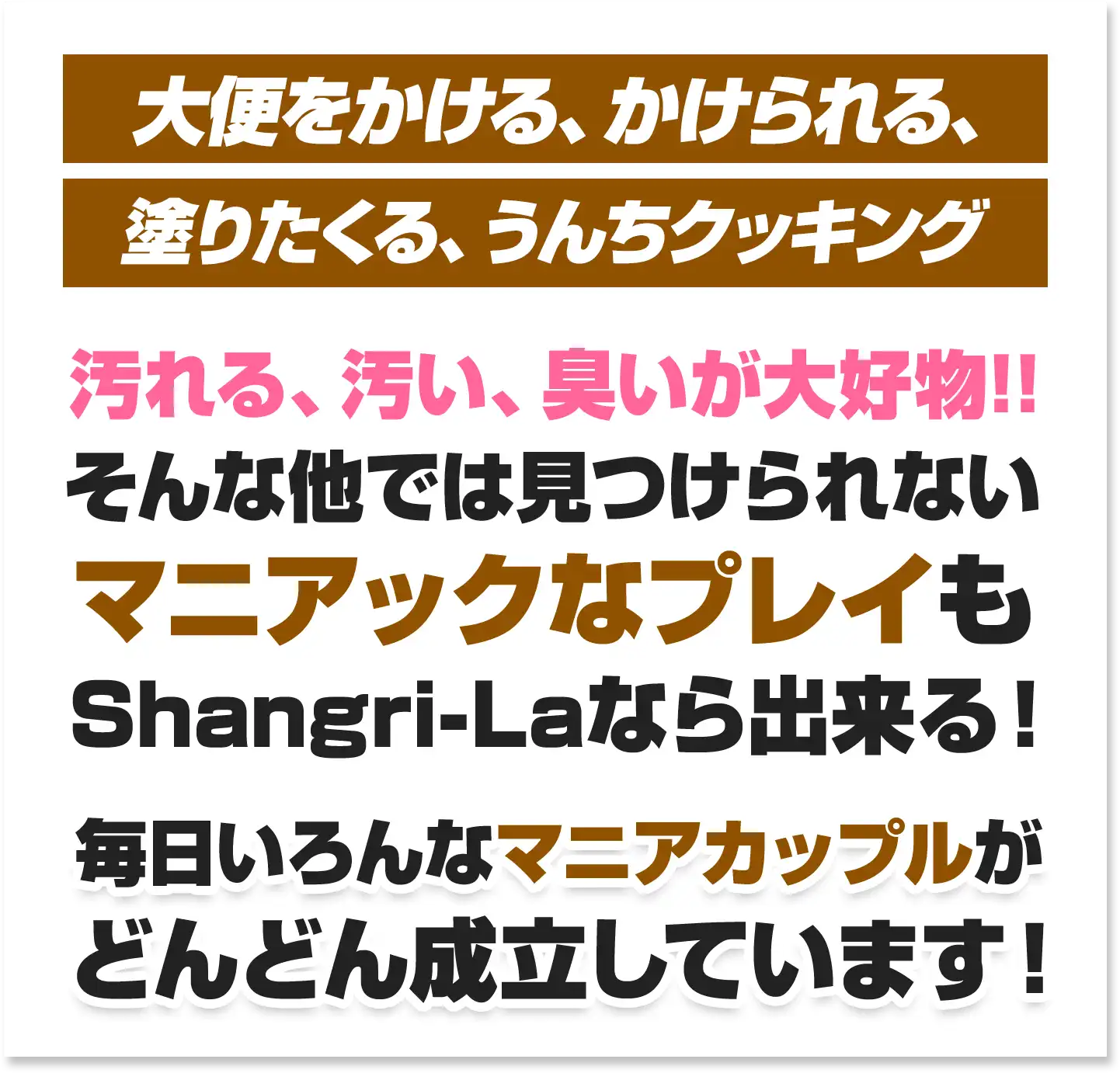 大便をかける、かけられる、塗りたくる、うんちクッキング 汚れる、汚い、臭いが大好物 そんな他では見つけられないマニアックなプレイもShangri-Laなら出来る！毎日いろんなマニアカップルがどんどん成立しています！